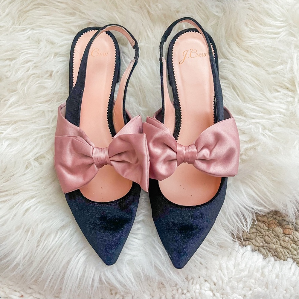 J.crew Pink Bow, Black Velvet Flat back / Sling Back Slippers Size 8-M